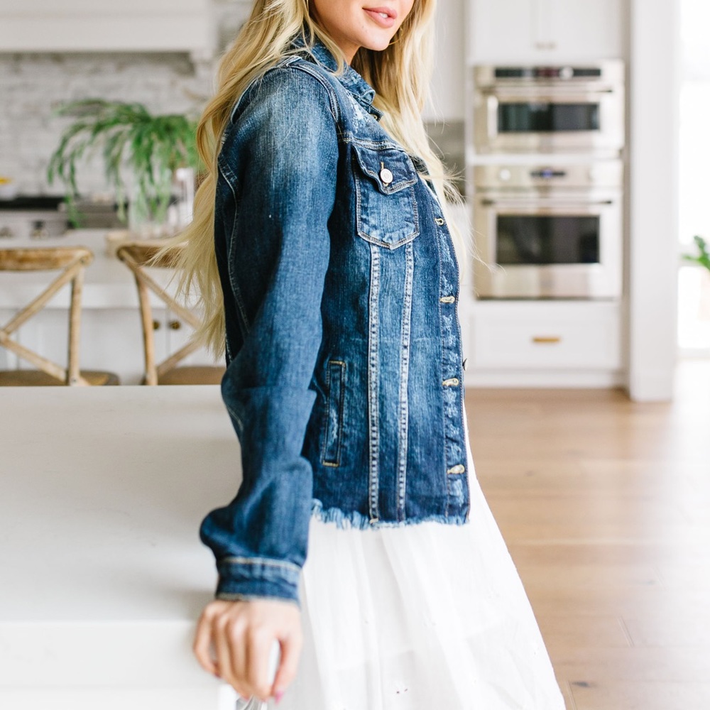 LAST SIZE❗️KanCan Frayed Dark Denim Jacket - Picture 3 of 8